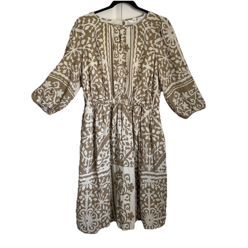 EShakti Dress Womens 1X Beige Floral Fit & Flare Puff Sleeve Knee Length Boho